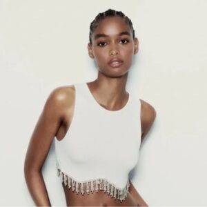 Zara White Ribbed Crop Tank with Rhinestone Fringe
